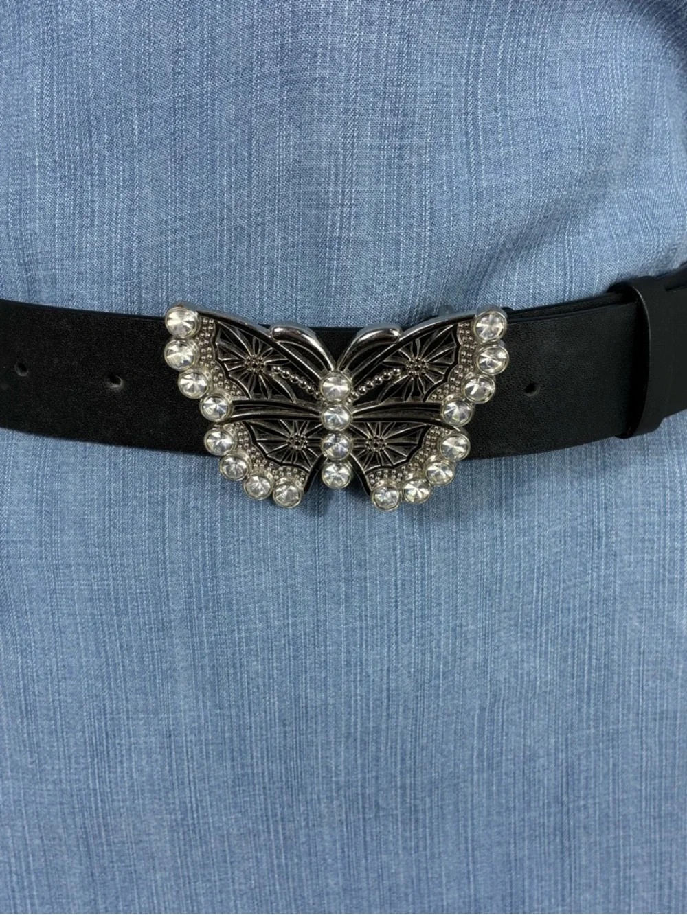 DIVIDED H&M Womens belt Rhinestone Butterfly Buckle Black faux leather 38” Y2K